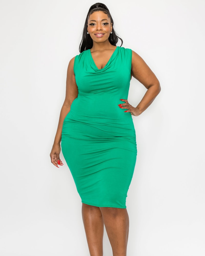 Front of a model wearing a size 2X Kim Cowl Neck Midi Dress in Palm by L I V D. | dia_product_style_image_id:265622